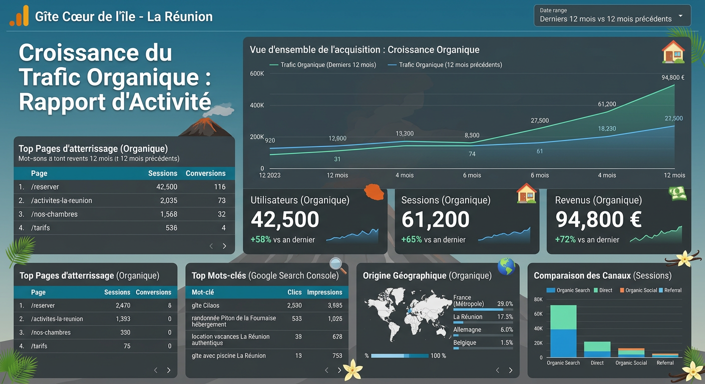 Dashboard Google Analytics montrant la croissance du trafic organique pour un gîte à La Réunion